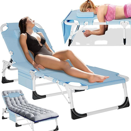 🛒Last Day Sale 49% off Tanning Chair, Outdoor Sunbathing Lounge Chair 5-Position, Folding Chaise Lounger, Sun Tanning Lounger with Face Hole, Perfect for Pool Beach Patio